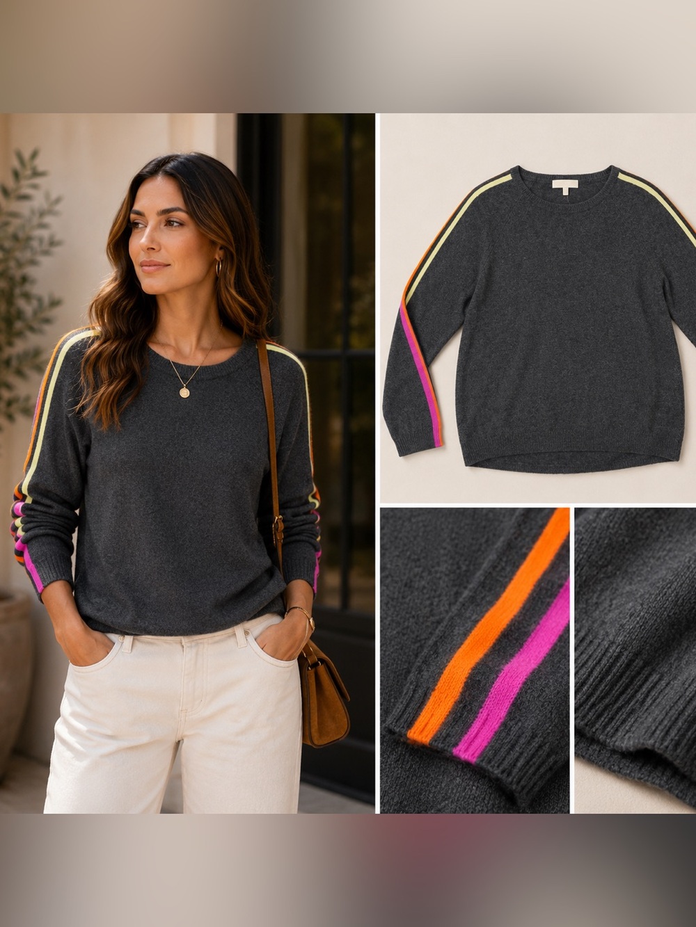 LISA TODD - Gray Cashmere Sweater with Colorful Stripes NWT